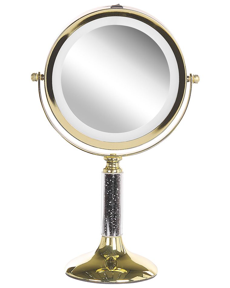 Miroir De Maquillage Double Face Avec LED - Ø18 Cm, Doré, Pivotant 360°, Grossissant 5x