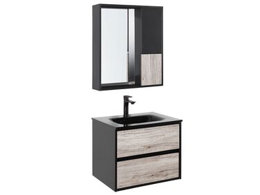 Meuble vasque avec miroir et cabinet 60 cm bois clair et noir TERUEL