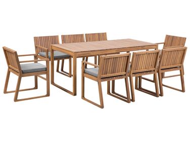 Zestaw ogrodowy drewniany stół i 8 krzeseł z poduszkami szarymi SASSARI