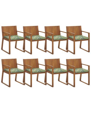 Sada 8 záhradných jedálenských stoličiek z akáciového dreva s podsedákmi s listovým vzorom zelená SASSARI