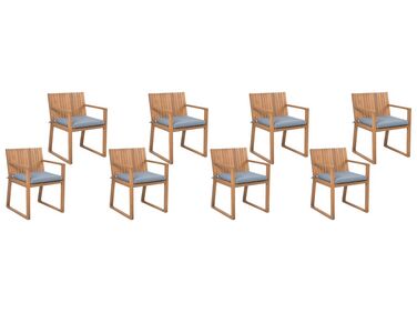 Zestaw 8 krzeseł ogrodowych akacjowy jasne drewno z poduszkami niebieskimi SASSARI