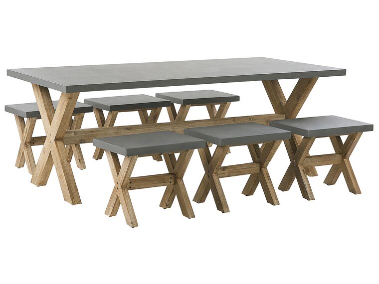 Set de jardin table et 6 tabourets en fibre-ciment gris et bois OLBIA_771455