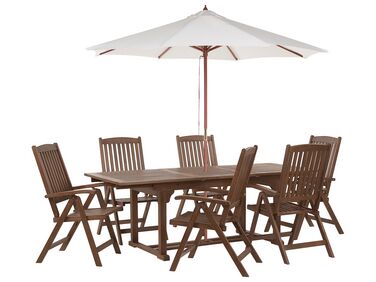Zestaw ogrodowy drewno akacjowe stół i 6 krzeseł z parasolem beżowym AMANTEA