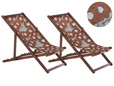 Set of 2 Acacia Folding Deck Chairs and 2 Replacement Fabrics Dark Wood with Off-White / Poppies Pattern ANZIO