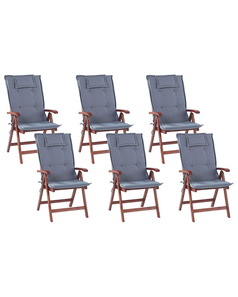 Set of 6 Acacia Garden Folding Chairs with Blue Cushions TOSCANA_788281