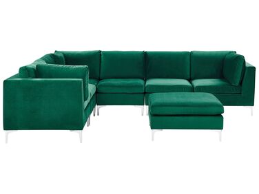 Right Hand 6 Seater Modular Velvet Corner Sofa with Ottoman Green EVJA