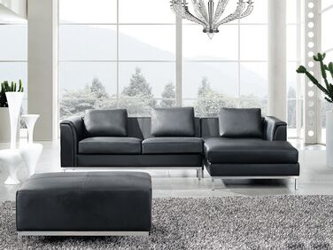 Left Hand Leather Corner Sofa with Ottoman Black OSLO
