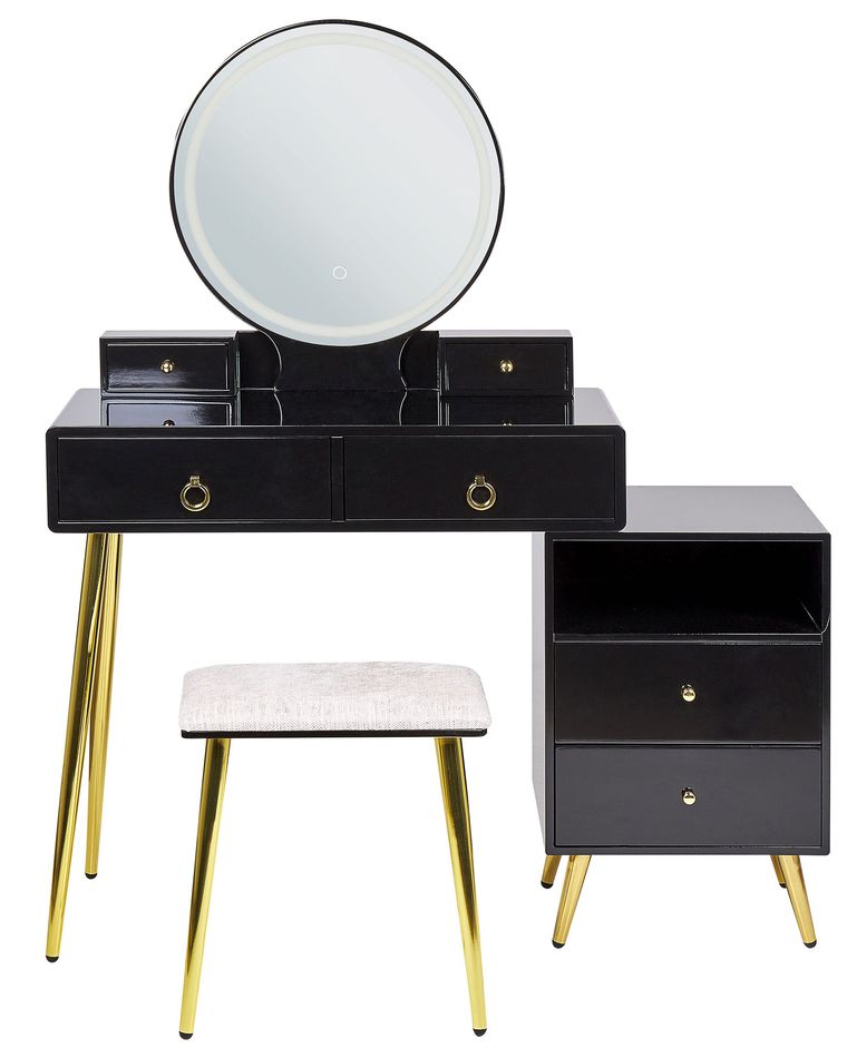 6 Drawers Dressing Table with LED Mirror and Stool Black and Gold YVES