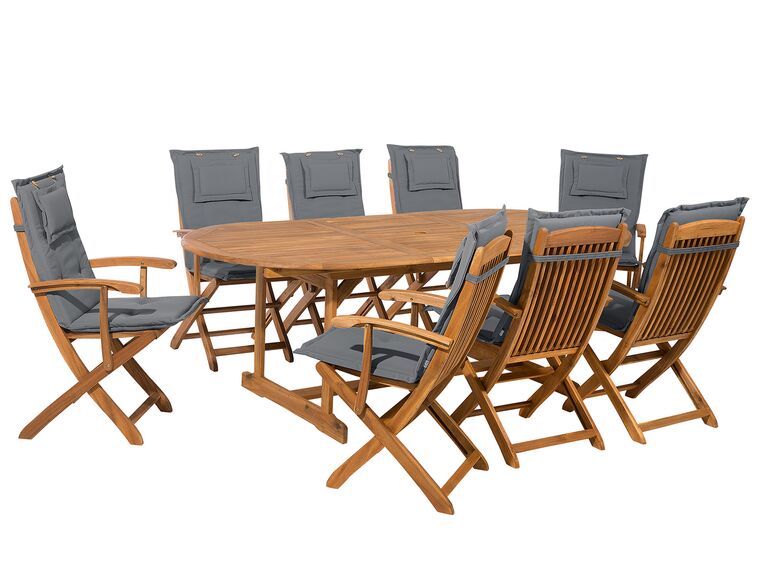 Conjunto de jardim em madeira de acácia com mesa e 8 cadeiras e almofadas cinzento grafite MAUI_743959