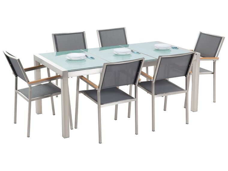 6 Seater Garden Dining Set Triple Plate Cracked Ice Glass Top with Grey Chairs GROSSETO_724972