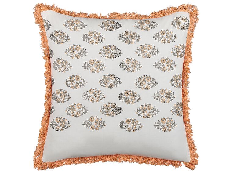 Fringed Cotton Cushion Floral Pattern 45 x 45 cm White and Orange SATIVUS_839147
