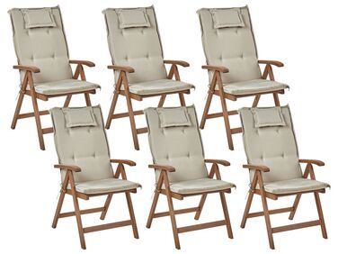 Set of 6 Acacia Wood Garden Folding Chairs Dark Wood with Taupe Cushions AMANTEA