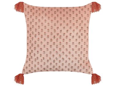 Welurowa poduszka dekoracyjna z frędzlami roślinny motyw 45 x 45 cm różowa RUMHORA