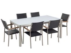 6-istuttava ulkoruokailuryhmä lasitaso polyrottinkituolit valkoinen/musta GROSSETO 6-istuttava ulkoruokailuryhmä lasitaso polyrottinkituolit valkoinen/musta GROSSETO