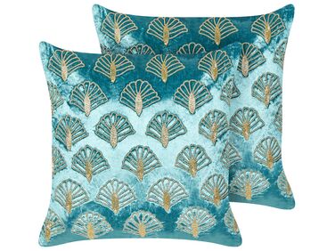 Set of 2 Embroidered Velvet Cushions Seashell Pattern 45 x 45 cm Turquoise PANDOREA