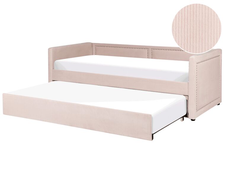 Corduroy EU Single Trundle Bed Pastel Pink MIMIZAN_843711