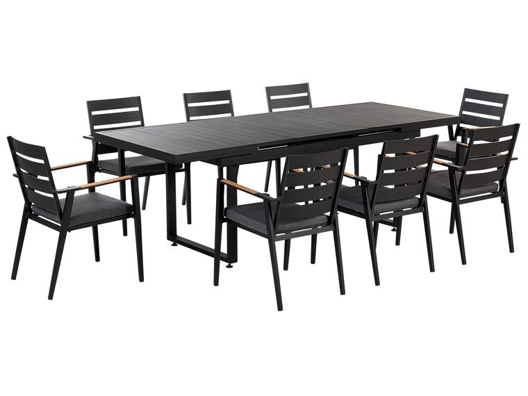 Zestaw ogrodowy stół rozkładany i 8 krzeseł czarny z poduszkami szarymi VALCANETTO/TAVIANO_846221