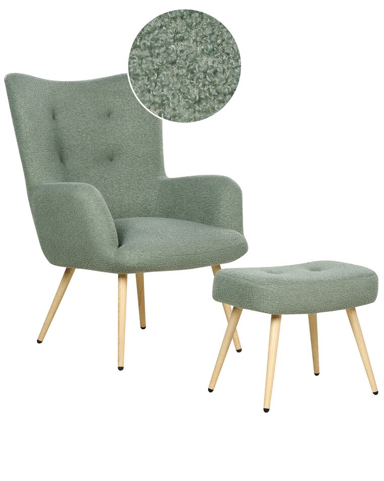 Boucle Wingback Chair with Footstool Light Green VEJLE II_901592
