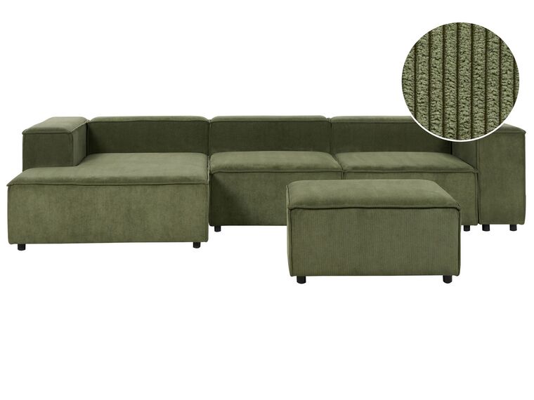 Kombinálható háromszemélyes jobb oldali zöld kordbársony kanapé ottománnal APRICA_904169