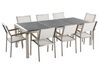 Conjunto de mesa com tampo triplo granito flameado preto 220 x 100 cm e 8 cadeiras brancas GROSSETO_379916