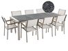 Conjunto de jardín mesa con tablero de piedra natural negro curtido 220 cm, 8 sillas blancas GROSSETO _379916