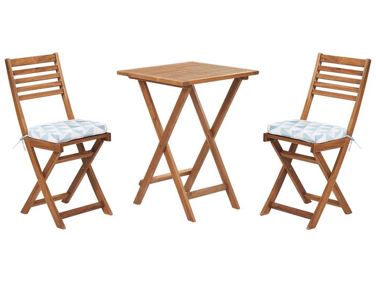 Table et 2 chaises de jardin en bois avec coussins bleu et blanc FIJI_764284