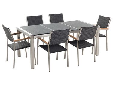 Conjunto de mesa com tampo triplo granito flameado preto 180 x 90 cm e 6 cadeiras rattan preto GROSSETO