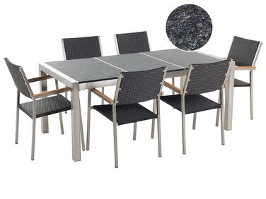Table de jardin en plateau granit noir flambé 180 cm et 6 chaises en rotin GROSSETO