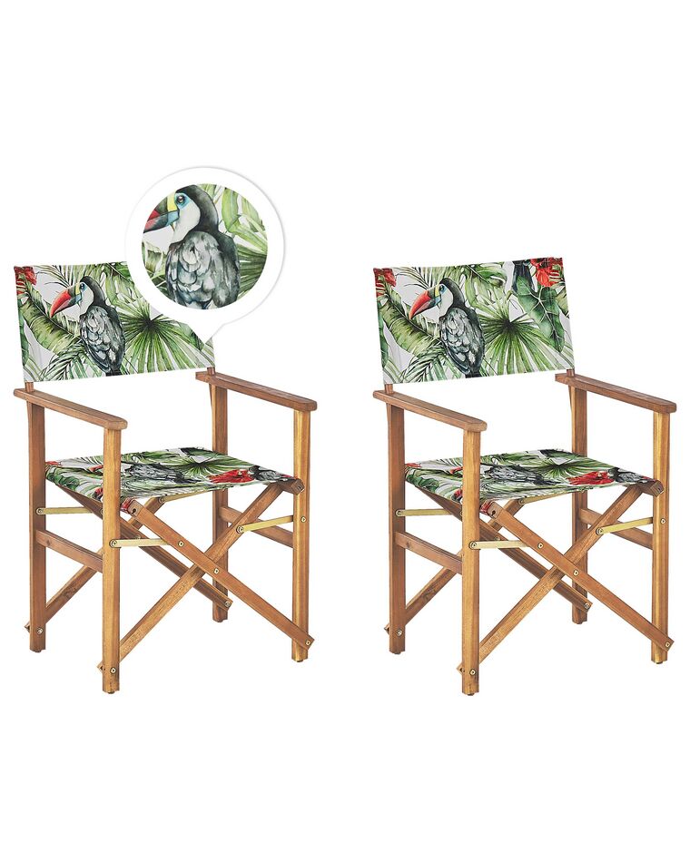 Set of 2 Acacia Folding Chairs and 2 Replacement Fabrics Light Wood with Grey / Toucan Pattern CINE_819378