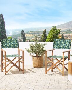 Vaalea akaasiapuinen puutarhatuoli luonnonvalkoisella/oliivikuvioisella kankaalla 2 kpl CINE