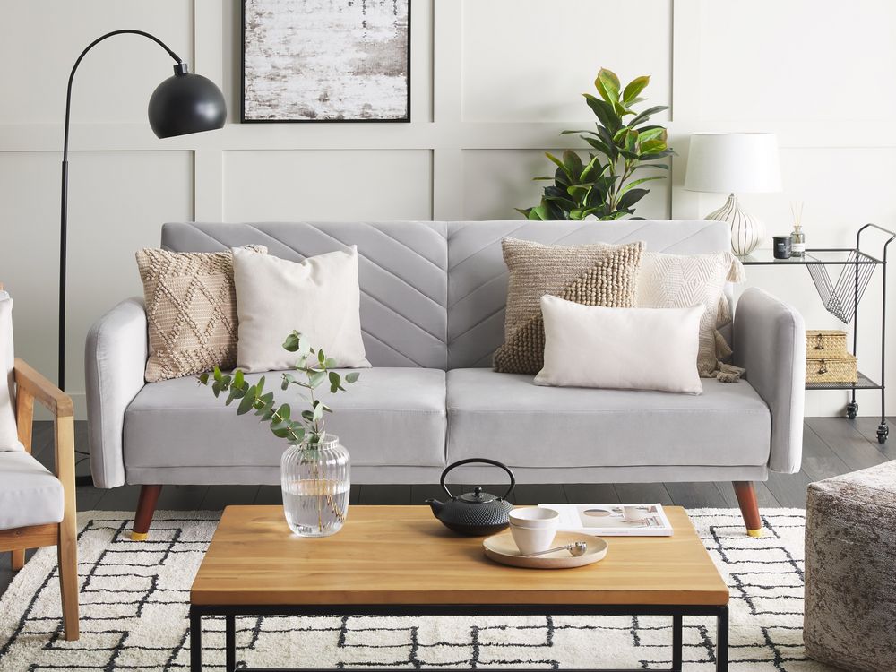 Velvet Fabric Sofa Bed Light Grey SENJA Beliani