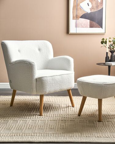 Boucle Armchair With Footrest White TUMBA