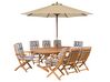 8 Seater Acacia Wood Garden Dining Set with Beige Parasol and Blue Stripes Cushions MAUI_743945