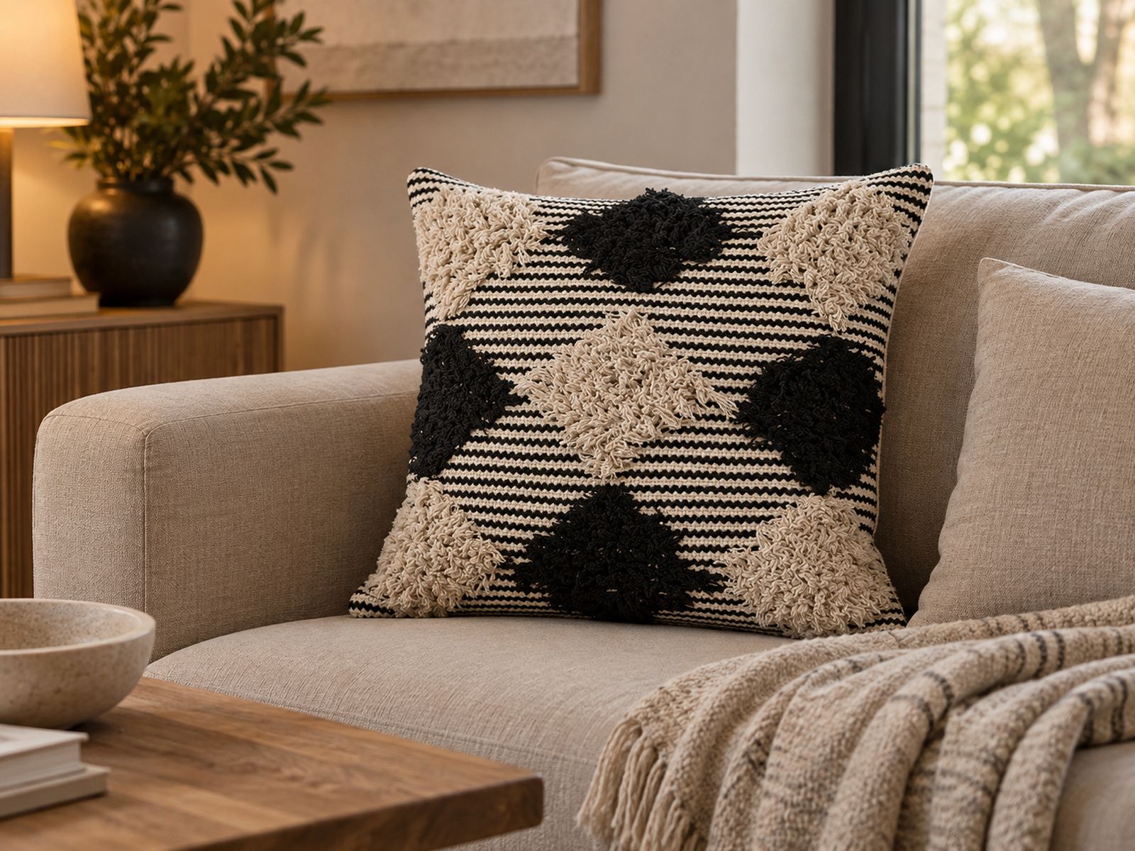 Cushion Color And Patterns Set of 2 Tufted Cotton Cushions Geometric Pattern 50 x 50 cm Beige and ...