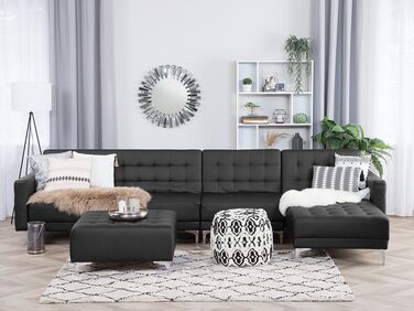 Left Hand Modular Faux Leather Sofa with Ottoman Black ABERDEEN
