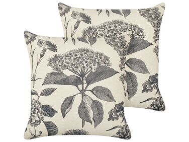 Set of 2 Cotton Cushions Floral Motif 45 x 45 cm Beige and Grey ROSEMARY