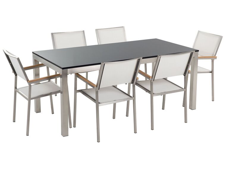 Table de jardin plateau granit 180 cm 6 chaises textile blanc GROSSETO_433109