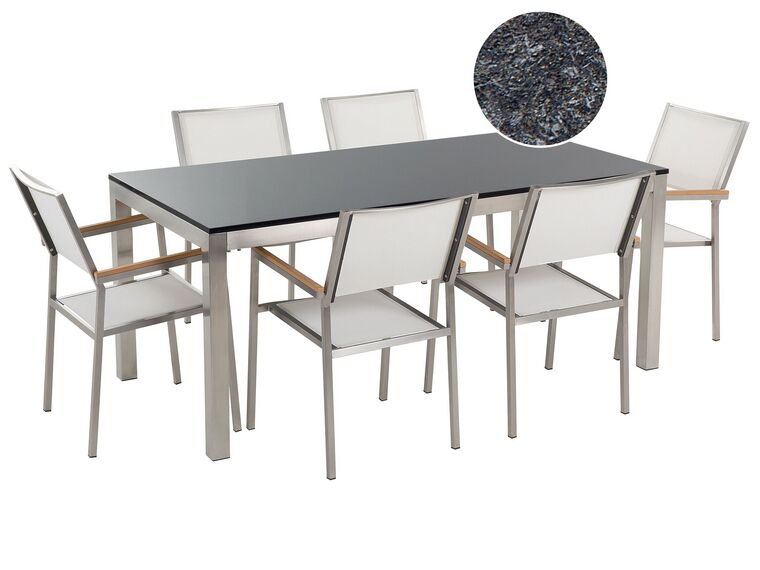 Conjunto de mesa com tampo granito flameado preto 180 x 90 cm e 6 cadeiras brancas GROSSETO_433109