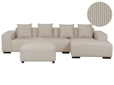 Canapé d'angle 4 places côté gauche en velours côtelé beige avec ottoman LUNGO