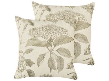 Set of 2 Cotton Cushions Floral Motif 45 x 45 cm Beige and Green ROSEMARY