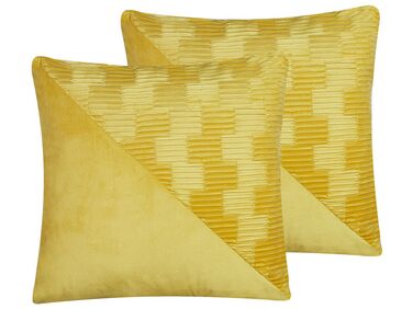 Set of 2 Velvet Cushion with Pleats 45 x 45 cm Yellow ORIGANUM