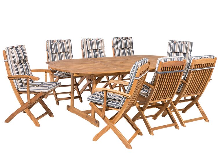 Trädgårdsmöbelset av bord och 8 stolar med dynor i blå/beige MAUI_743946