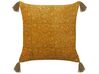 Welurowa poduszka dekoracyjna z frędzlami wzór w kwiaty 45 x 45 cm żółta RHEUM_838470