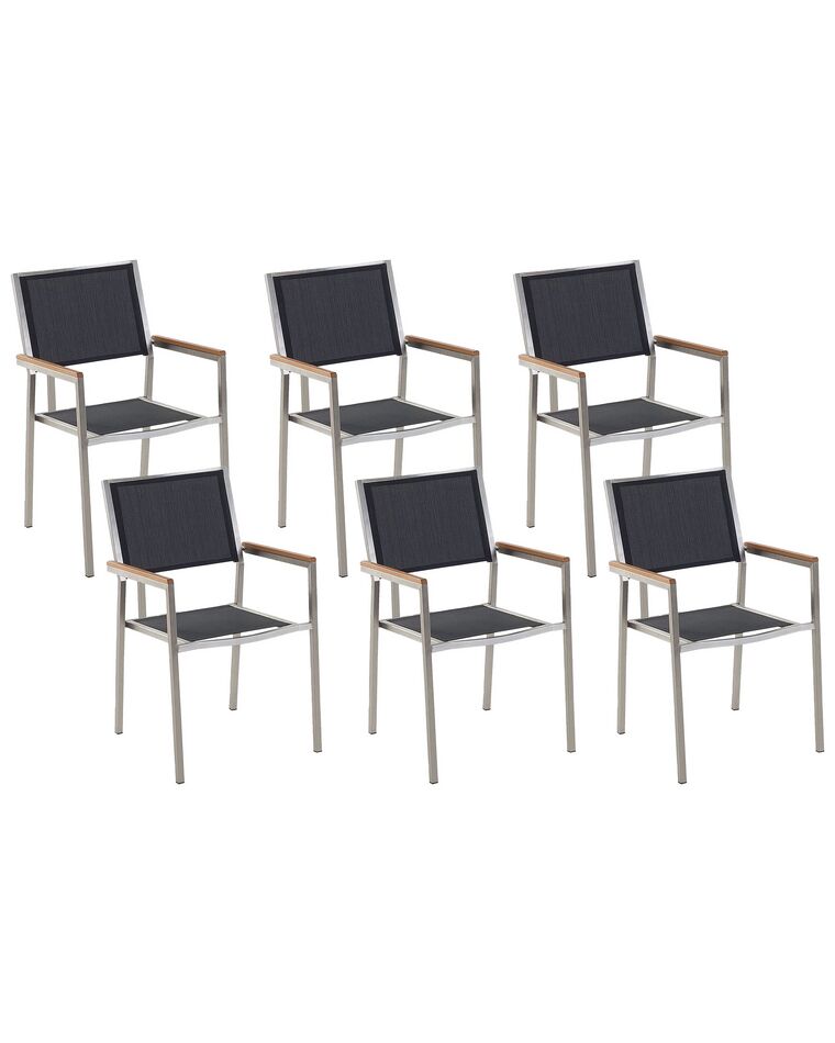 Conjunto de 6 sillas de jardín de poliéster/acero negro/plateado/madera clara GROSSETO_725609