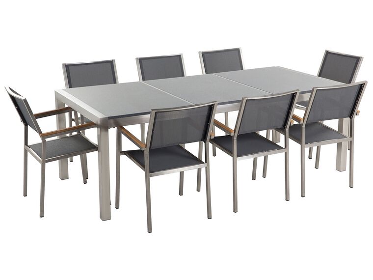 Conjunto de jardín mesa con tablero de piedra natural gris pulido 220 cm, 8 sillas grises GROSSETO _378069