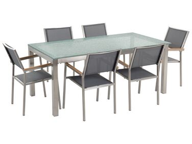 Hatszemélyes étkezőasztal üveglappal és szürke textilén székekkel GROSSETO