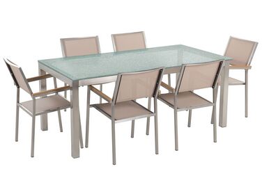 Sada záhradného nábytku stôl s bielou sklenenou doskou 180 x 90 cm 6 béžových stoličiek GROSSETO