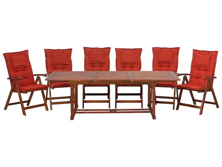 Trädgårdsmöbelset av bord och 6 stolar med dynor röd TOSCANA_783940