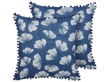 Set of 2 Cushions Leaf Pattern 45 x 45 cm Blue and White DANDELION