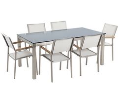 6-istuttava ulkoruokailuryhmä lasitaso tekstiilituolit musta/valkoinen GROSSETO 6-istuttava ulkoruokailuryhmä lasitaso tekstiilituolit musta/valkoinen GROSSETO